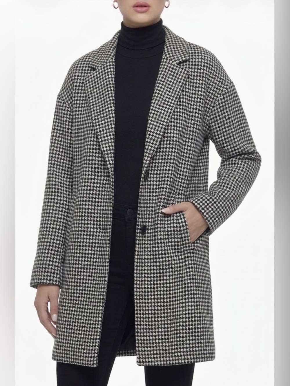 Hyped Unicorn Houndstooth Plaid Duster Jacket Womens Size M Wool Blend Coat